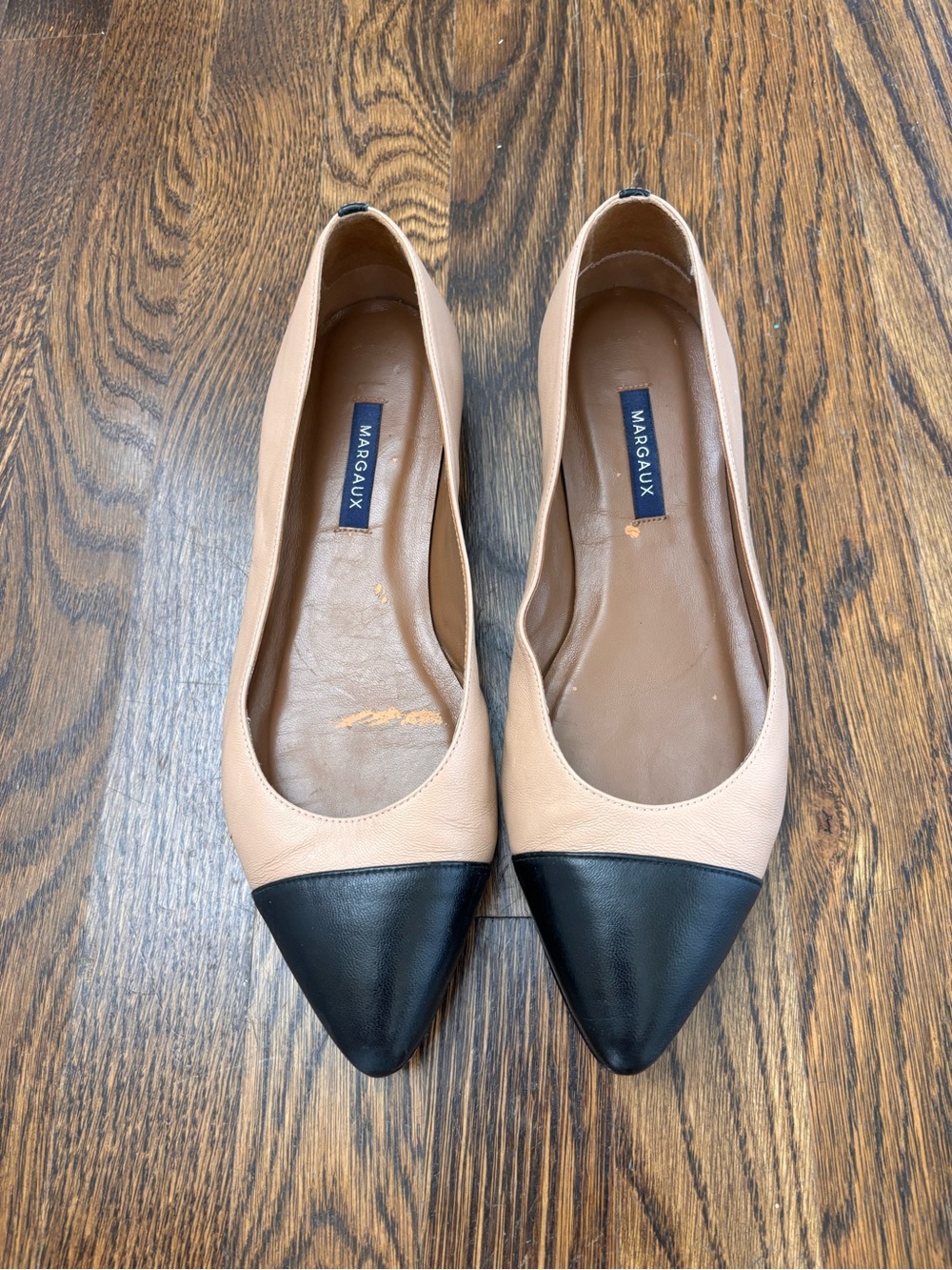 Margaux Two-Tone Pointed Toe Flats in Beige and Black